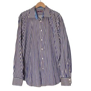 Robert Graham Cotton Stripes Button Front Long Sleeve Shirt Blue Cream Men's XL